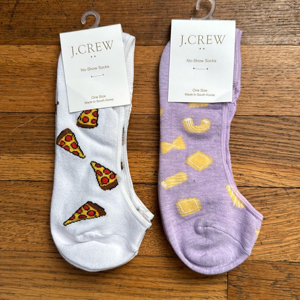 🧦 J. Crew no-show socks. Two pairs. Pizza and pasta designs. NWT.